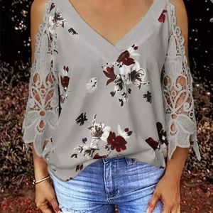 Floral Lace Cold Shoulder V-Neck - Gray - Small